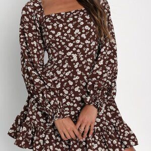 Lulus Coy Charm Brown Floral Print Long Sleeve Mini Dress - Size XL